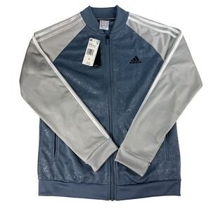 Adidas Womens M Track Jacket Blue Gray Floral Rose Print Full Zip Athleisure